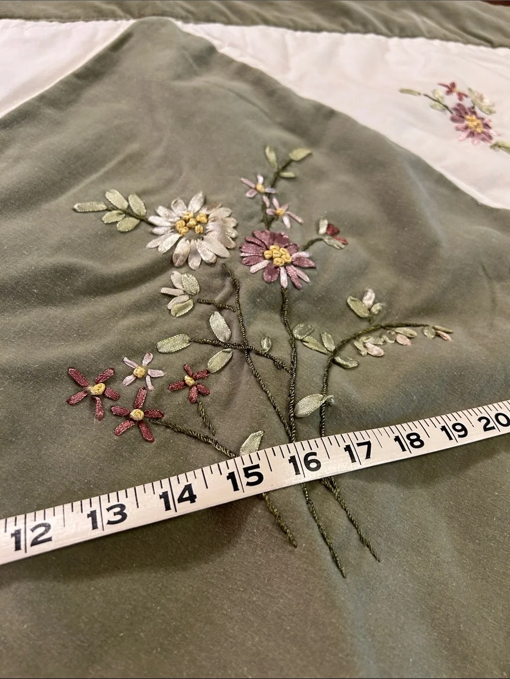 Embroidered Floral Pillow Sham in Sage Green and Ivory